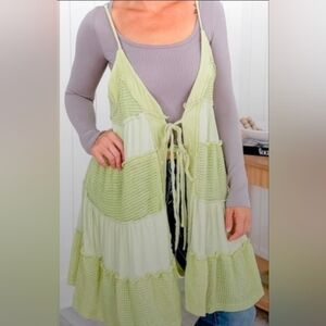 POL Oversized Green Patchwork Tie Sleeveless Kimono / Swim Coverup